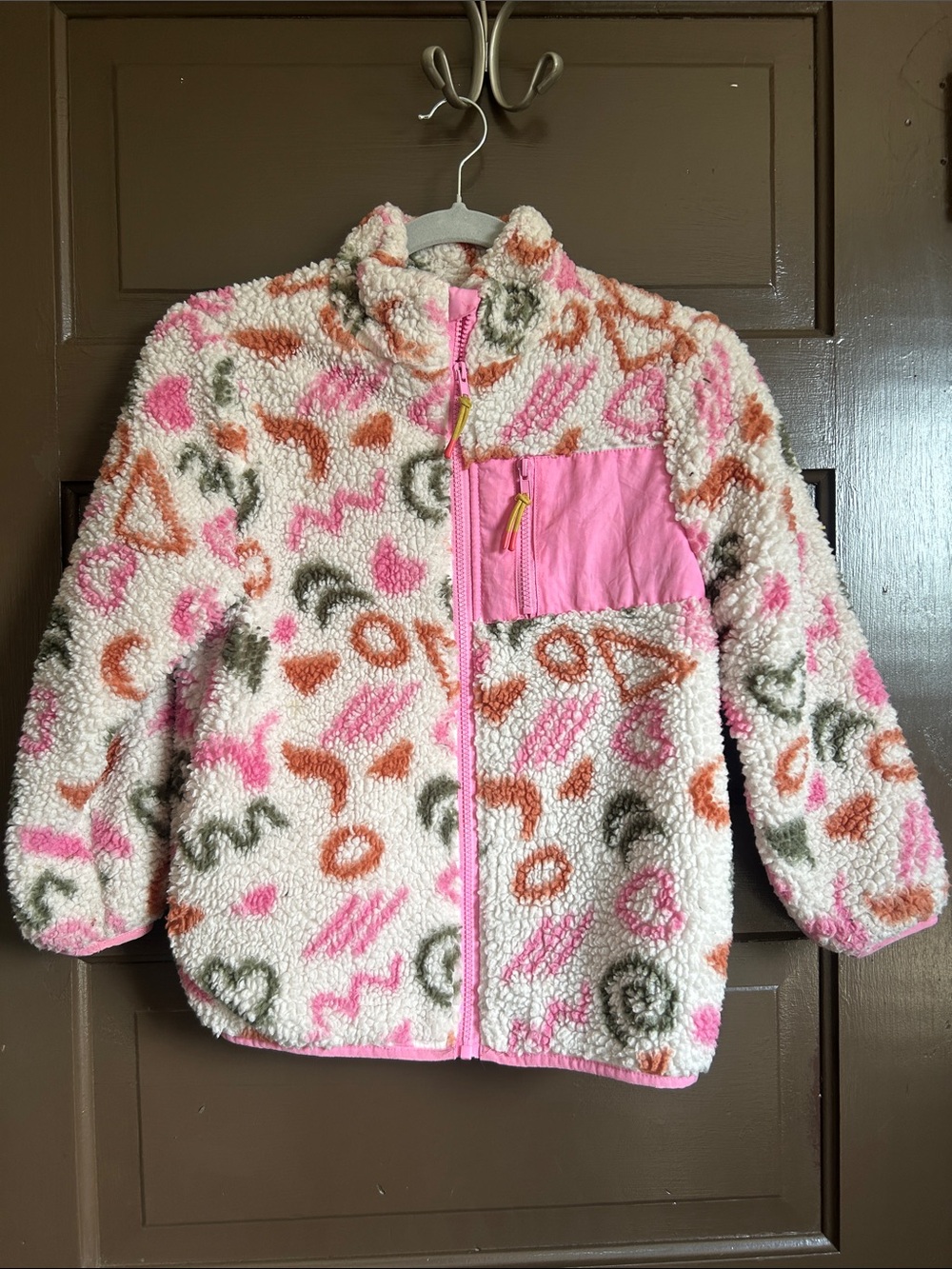 Girls Pink & Cream Sherpa Zip-Up Jacket with Patterned Accents